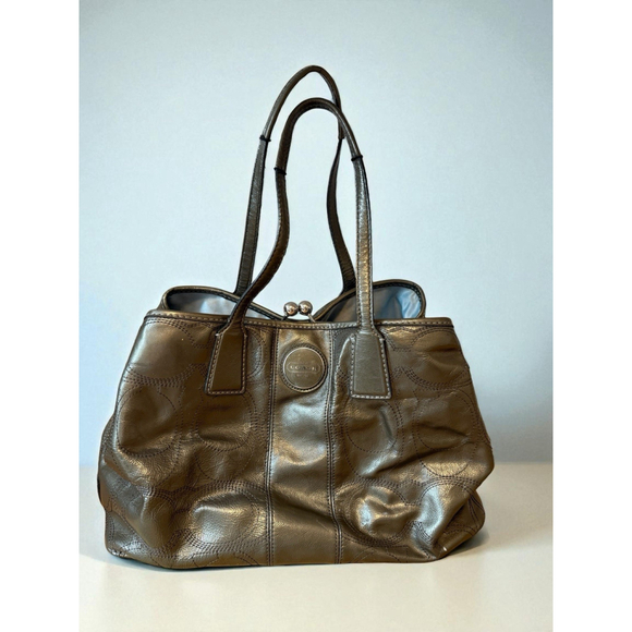 Coach Handbag Purse Bag F15658 Kisslock Framed Stitch Pewter Khaki Green Leather - Picture 1 of 14